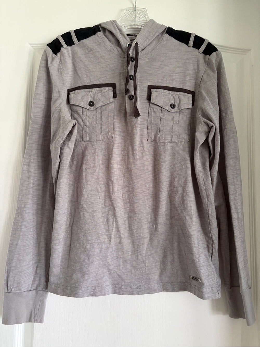 Guess Men's Light Gray Hooded Shirt Jacket with Black Accents